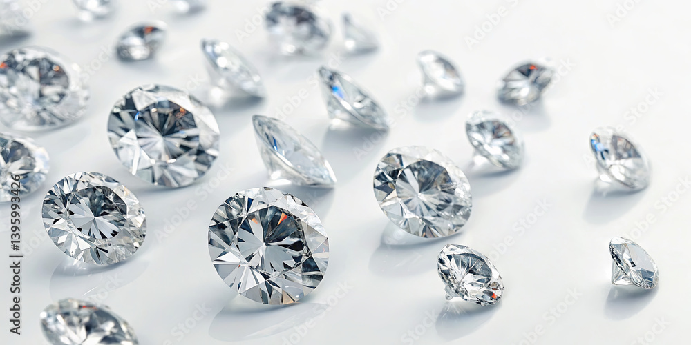 Poster various sparkling diamonds are arranged on a smooth, luminous surface. the diamonds vary in size and