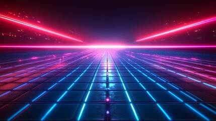 Obraz premium Vivid Vintage Neon Geometric Stage with Dynamic Blue Grid Backdrop and Futuristic Accents for Modern Product Presentations