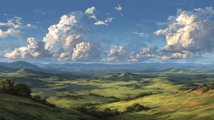 Fototapeta premium Open Countryside with Puffy Clouds