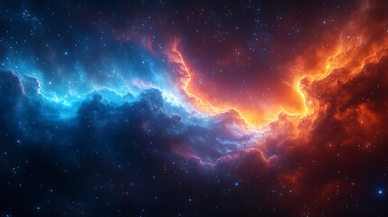 Naklejka premium A cosmic aurora stretching infinitely across the sky, composed of electric blues, fiery oranges, and ultraviolet purples, swirling in hypnotic motion.