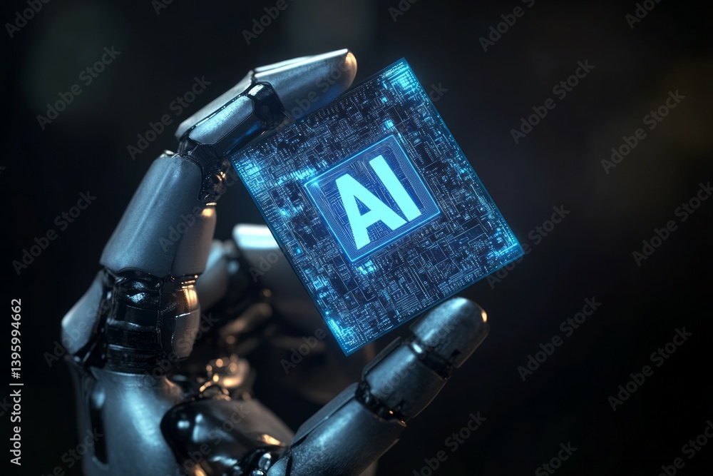 Poster 3d render of a hand with a blue glowing chip and the text ai on a dark background.