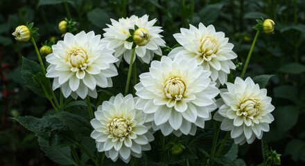 Obraz premium White Dahlia Blooms in Garden Setting - Lush white dahlias, symbolizing elegance, purity, inner strength, dignity, and lasting commitment, flourish amidst vibrant green foliage