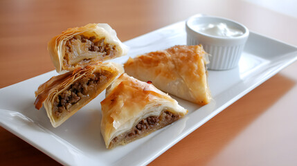 Delicious Meat Burek with Flaky Phyllo Pastry and Creamy Yogurt Sauce on a White Plate