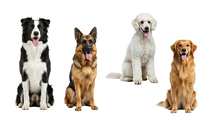 Four Different Breed Dogs Sitting on White Background