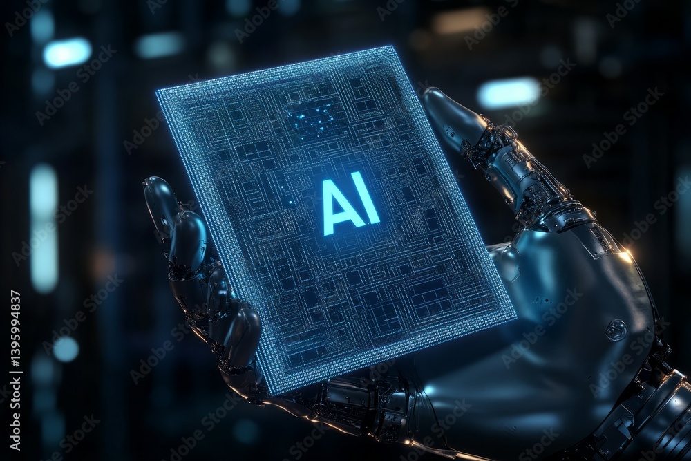Poster 3d render of a hand with a blue glowing chip and the text ai on a dark background.
