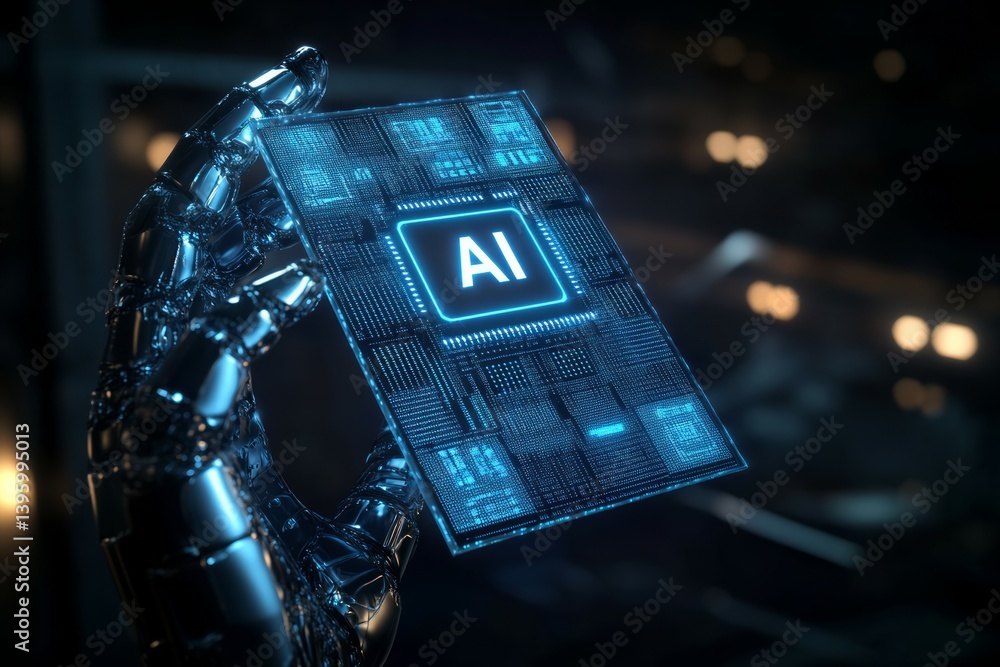 Poster 3d render of a hand with a blue glowing chip and the text ai on a dark background.