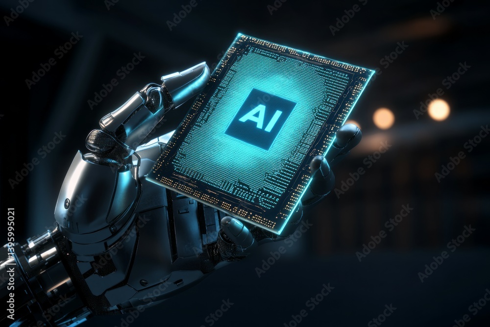 Poster 3d render of a hand with a blue glowing chip and the text ai on a dark background.