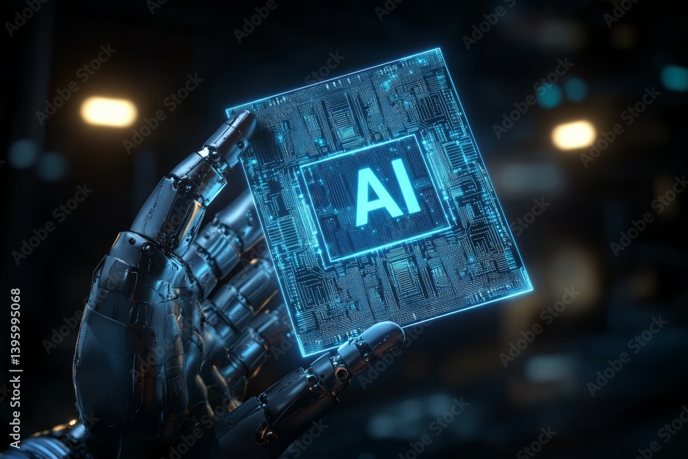 Poster 3d render of a hand with a blue glowing chip and the text ai on a dark background.