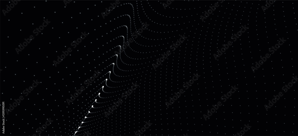 Poster futuristic dot wave. abstract digital particle wave. black and white music wave. dark background. di