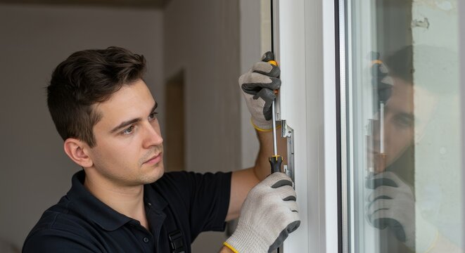 Window Installation Technician at Work - A skilled technician carefully installs a window, demonstrating precision and expertise - Powered by Adobe
