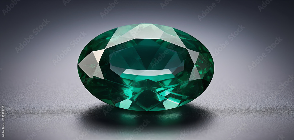 Poster a stunning green gemstone is placed on a smooth dark surface, showcasing its intricate cuts and spar