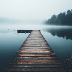 Obraz premium Wooden pier stretching into a calm lake with fog and reflections in serene morning light