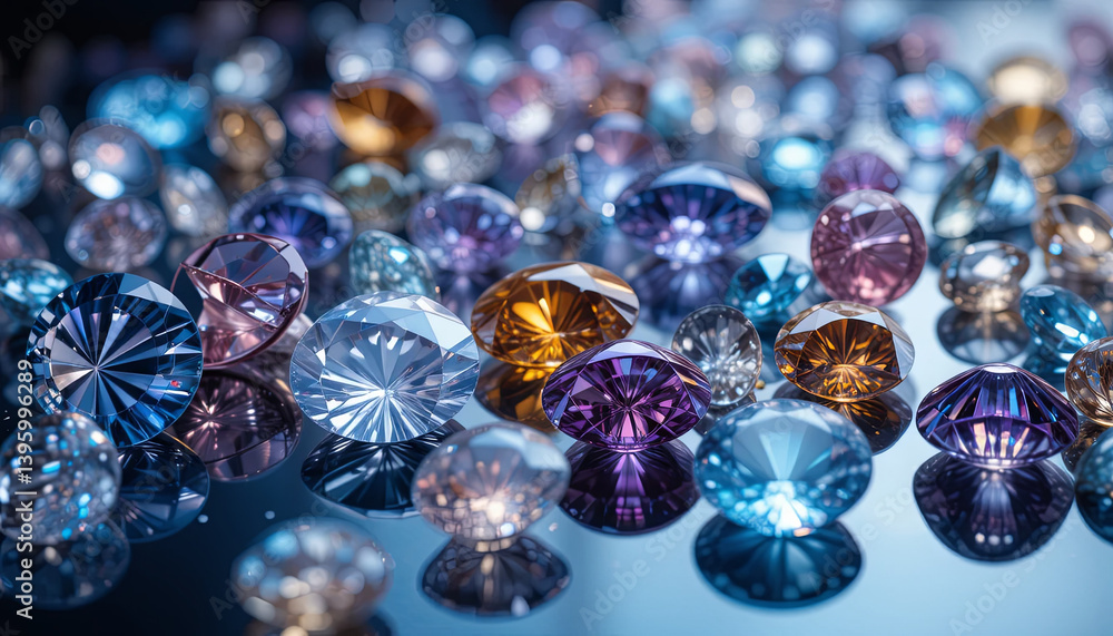 Poster a vibrant collection of sparkling gemstones is displayed on a shiny reflective surface. each gem fea