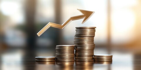 Rising stack of coins with golden arrow	