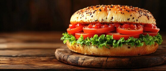 Tasty Tomato Sandwich on Wooden Board