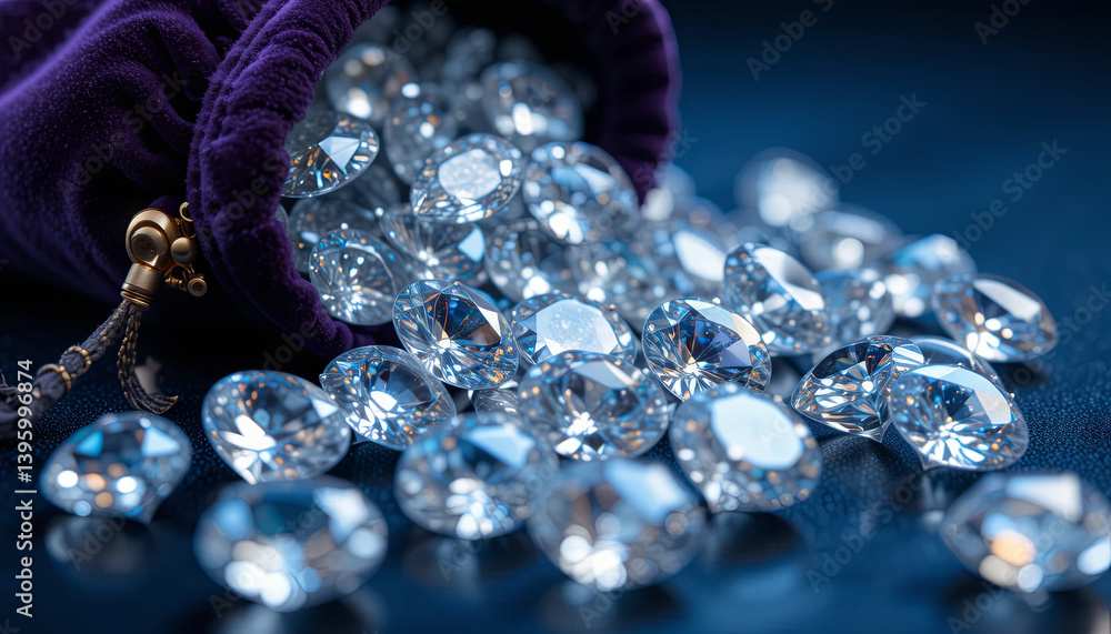 Poster A velvet pouch spills numerous brilliant diamonds onto a dark surface, creating a captivating display of light and reflections. Each gem glimmers uniquely under the light