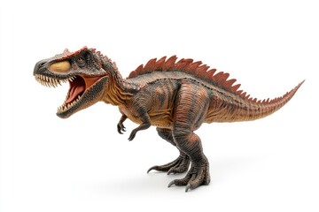 Fototapeta premium Realistic dinosaur toy figure roaring with vibrant colors against a white backdrop