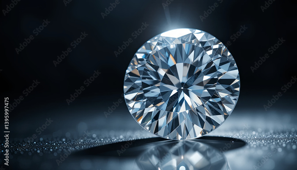 Poster a round diamond glistens in a dark setting, reflecting light and exhibiting its brilliant clarity. t