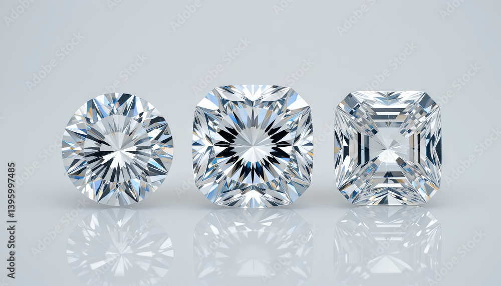 Poster three brilliantly cut diamonds are displayed in a row, showcasing their unique shapes and dazzling r