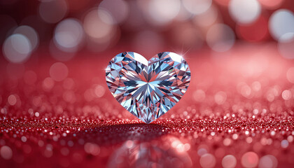Fototapeta premium A heart-shaped diamond shines brightly against a red sparkling surface, reflecting light and creating a romantic atmosphere. Perfect for Valentine’s Day or special gifts