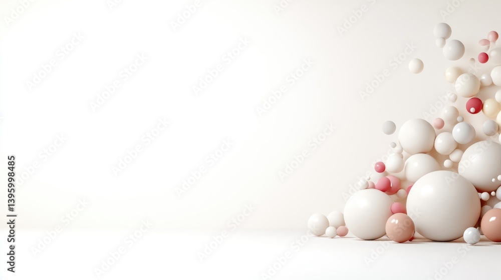 Poster floating spheres pastel accents minimalist style high-resolution rendering wide angle view smooth su