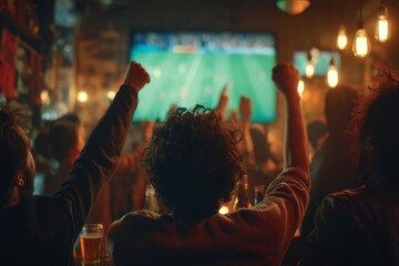 Men watching a match in a bar celebrate when a goal is scored