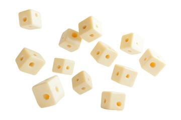 Cheese cubes with holes levitating in air on white background. PNG
