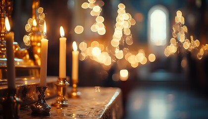 Captivating Orthodox Christmas celebration captured with a bokeh effect, featuring festive lights and decorations that illuminate the joyous holiday spirit.