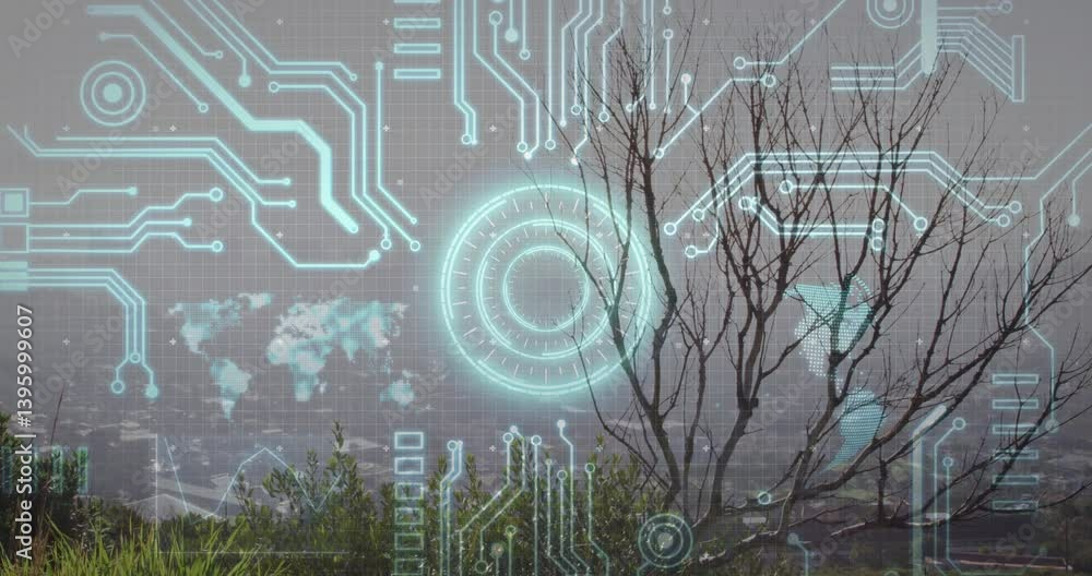 Poster digital circuit patterns and data processing animation over barren tree landscape