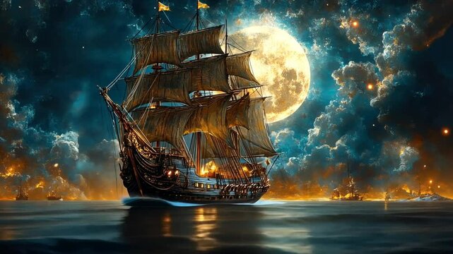 Majestic pirate ship sailing under full moonlight, glowing sails, and fiery skies at night. Fantasy concept