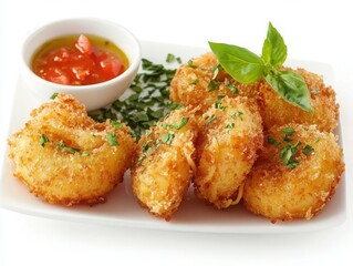 Fototapeta premium Crispy Fried Shrimp with Herbs and Dipping Sauce