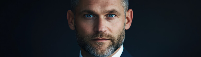 Obraz premium A sophisticated man with a distinguished gaze and a salt-and-pepper beard, dressed in a tailored suit, exudes an aura of confidence and composure.