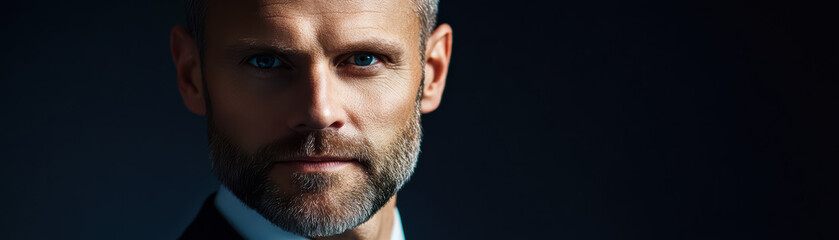 Obraz premium Contemplative Stare: A sophisticated, older man's portrait in a dark-lit atmosphere, capturing a moment of quiet contemplation and seasoned experience. 