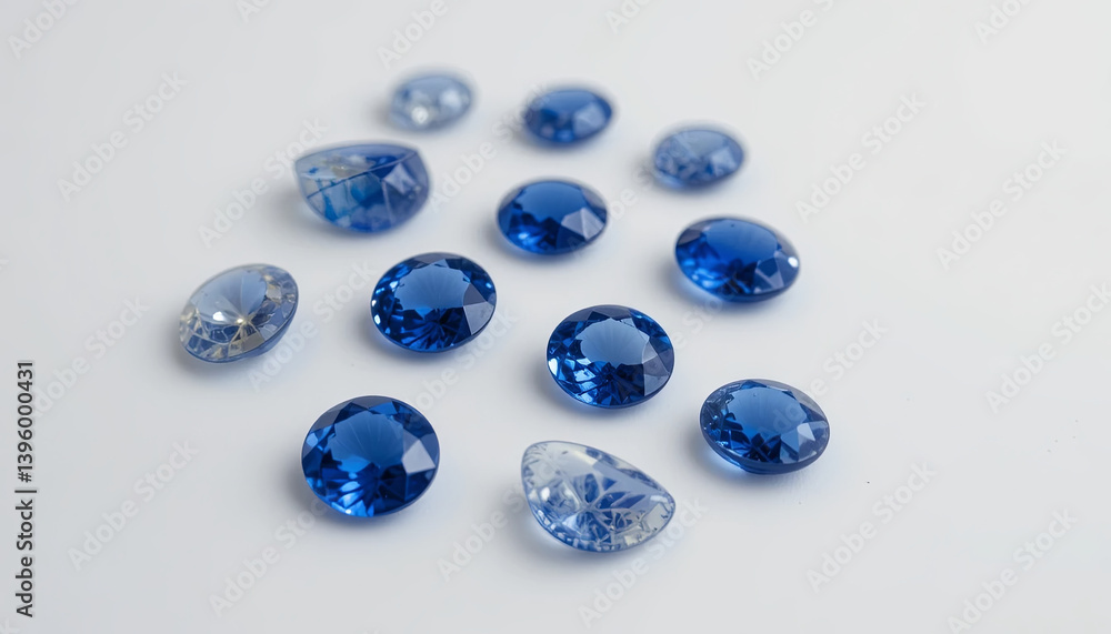 Poster various blue gemstones are carefully arranged on a white surface, highlighting their different shape