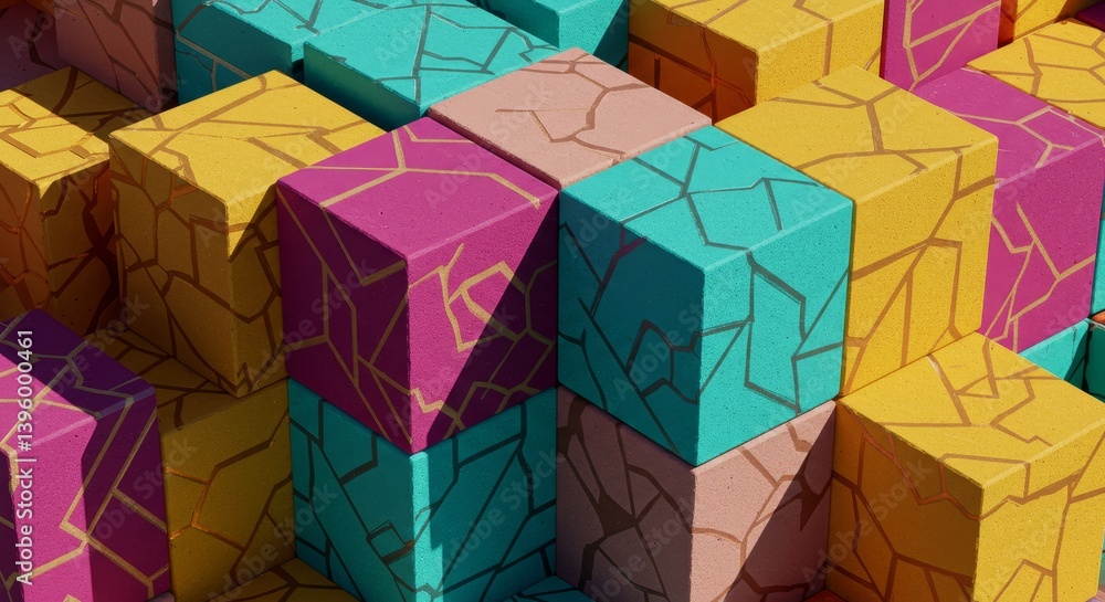 Poster abstract geometric cubes and patterns - a vibrant 3d of colorful cubes, each with unique abstract ge