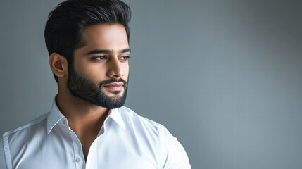 Obraz premium Elegant Profile: A handsome man with a refined, well-groomed beard and a serious expression gazes into the distance, his crisp, white shirt complementing the simple, uncluttered background.