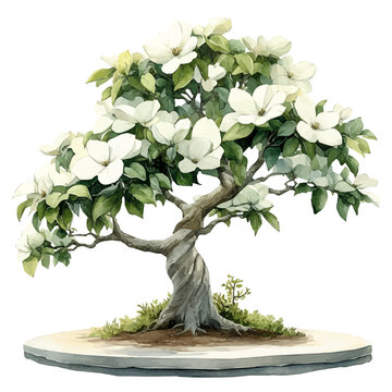 watercolor bonsai tree with white flowers clip art preview