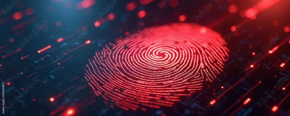 Aufkleber glowing red fingerprint on abstract tech background. biometric identification, digital security, acc
