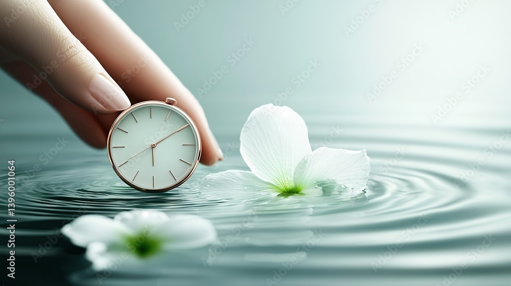 Poster a close-up of a hand clutching a clock submerged in water, against a backdrop of a floating flower