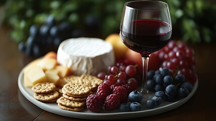 Elegant Wine and Cheese Platter with Fresh Fruits and Crackers Perfect for Gourmet Pairings an