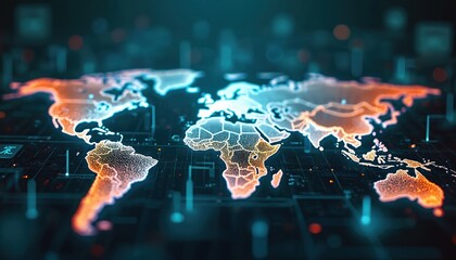 Holographic 3D data visualization display showing real-time global internet traffic. Concept of worldwide digital network, data transfer, communication, cyberspace. Abstract design of world map.