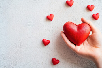 A hand holding a red heart with random acts of kindness day text and scattered hearts around it on white
