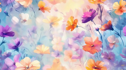   A painting featuring a vibrant array of flowers against a blue and yellow backdrop, with prominent pink and orange blooms in the foreground
