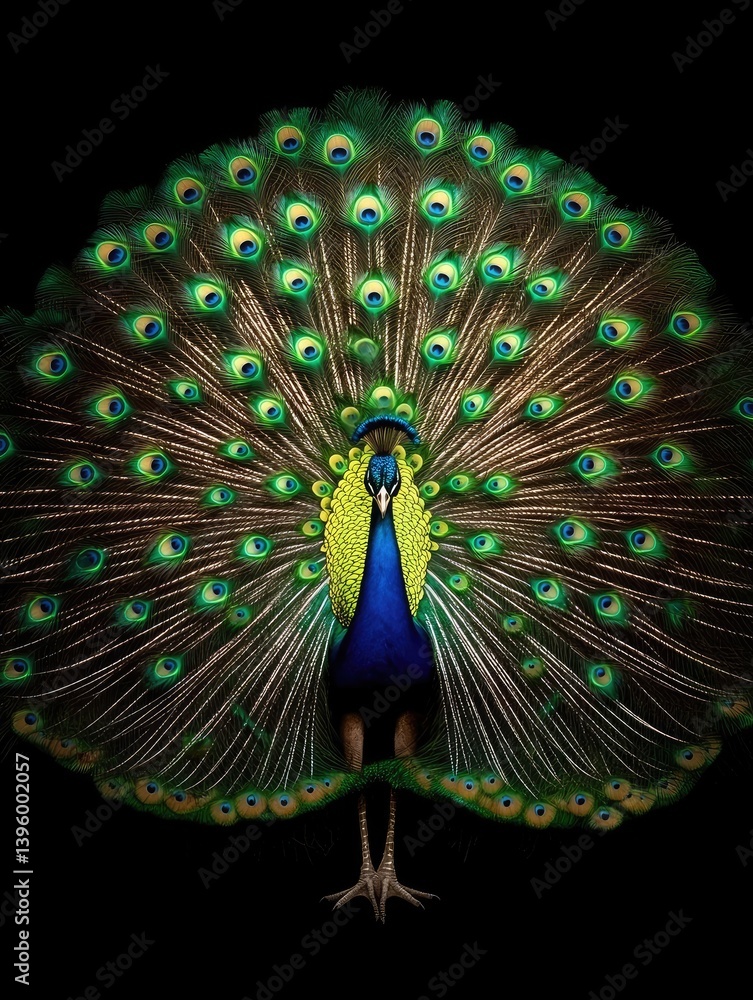 Poster elegant bird displaying vibrant feathers against a black background showcasing intricate patterns an