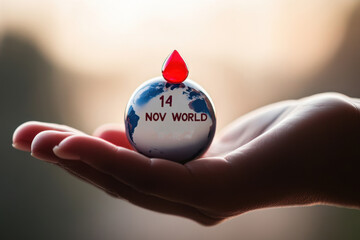 A hand holding a miniature globe with a red blood drop for world diabetes day awareness campaign concept