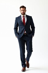 Handsome man in elegant suit walks. Business, formal wear concept. Male model with red tie, hands in pockets, confident pose, isolated white studio background.