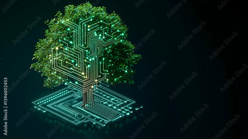 Poster digital circuit tree with glowing green pixels