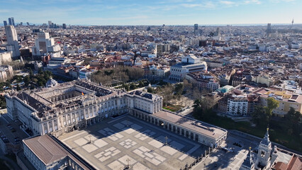 Naklejka premium Royal Palace Of Madrid At Madrid In Community Of Madrid Spain. Medieval Buildings Landscape. Downtown District. Capital City Scenery. Royal Palace Of Madrid In Spain. Beautiful Cityscape.