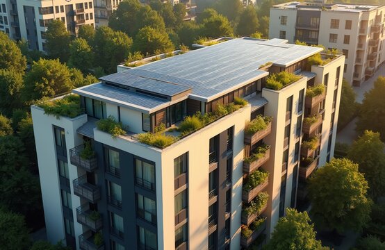 Modern eco-friendly building with solar panels on roof. Apartment house in city uses solar energy. Sustainable design promotes green living, renewable energy saving for eco-conscious consumer.