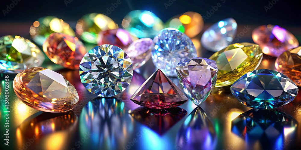 Poster A collection of vibrant gemstones and diamonds of various shapes are arranged beautifully. The crystals reflect a spectrum of colors and sparkle in soft light, creating an enchanting atmosphere